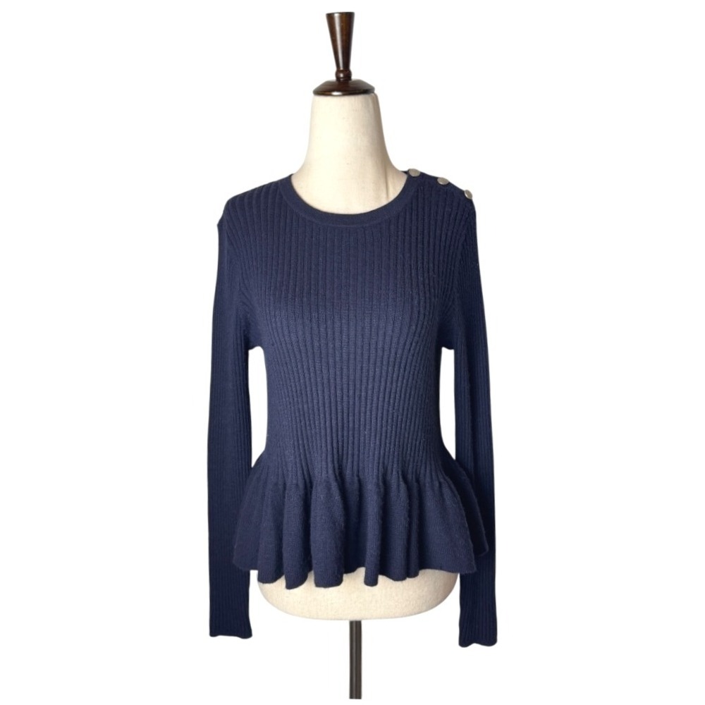 Rebecca Taylor Sweater Women Large Blue Ribbed Knit Wool Alpaca Blend Peplum Hem